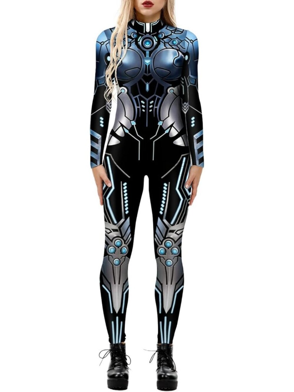 Women's Black Silver Sci Fi Skeleton Bodycon Jumpsuit Full Body Unitard Rave